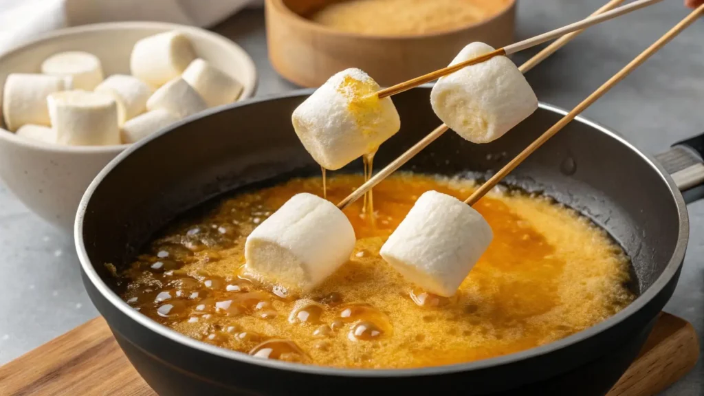 Marshmallows being dipped in batter before frying