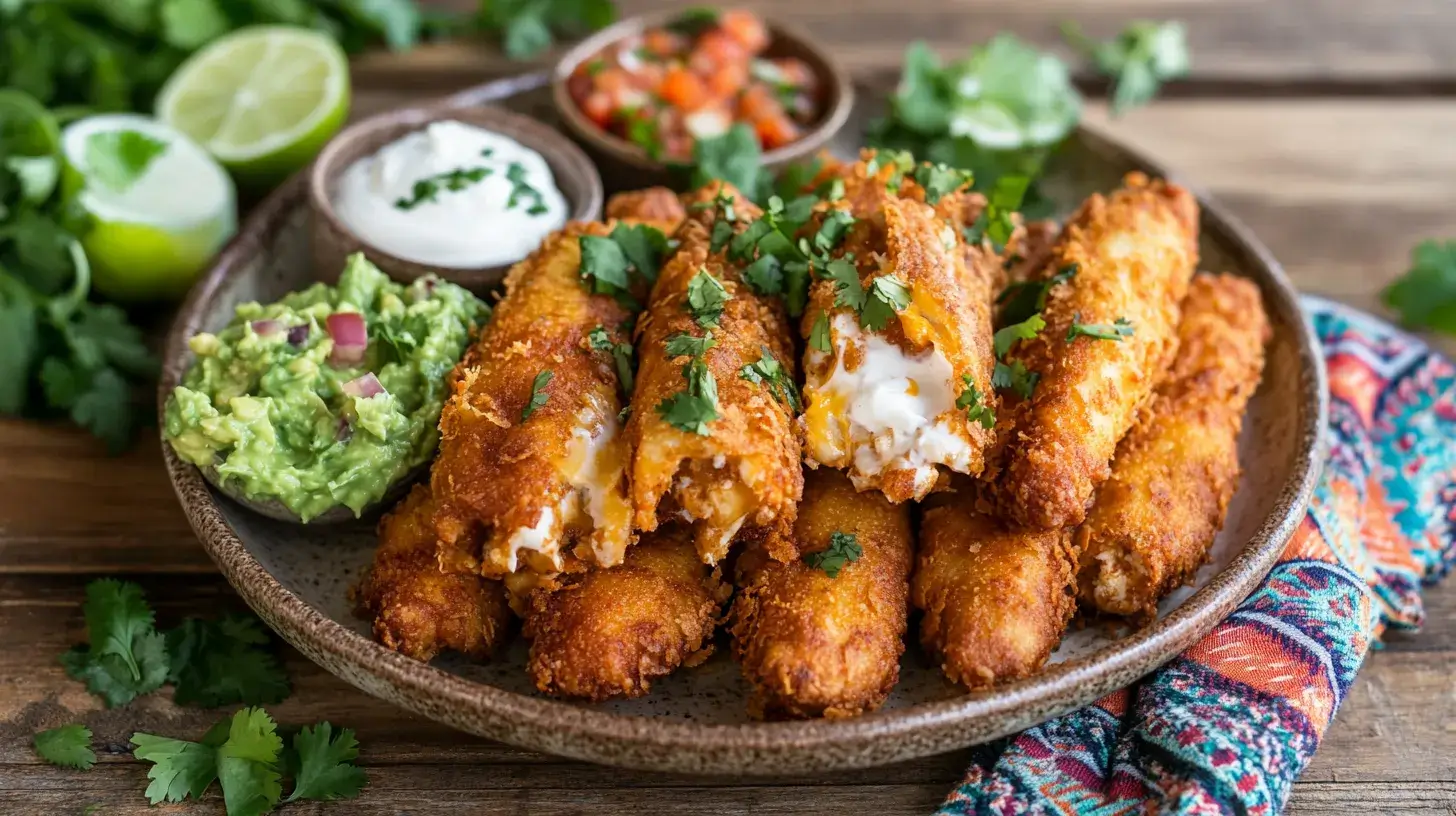 Crispy chicken taquitos with guacamole, salsa, and sour cream