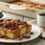 A golden-brown Maple Pecan French Toast Bake with caramelized pecans and maple syrup on a rustic breakfast table.