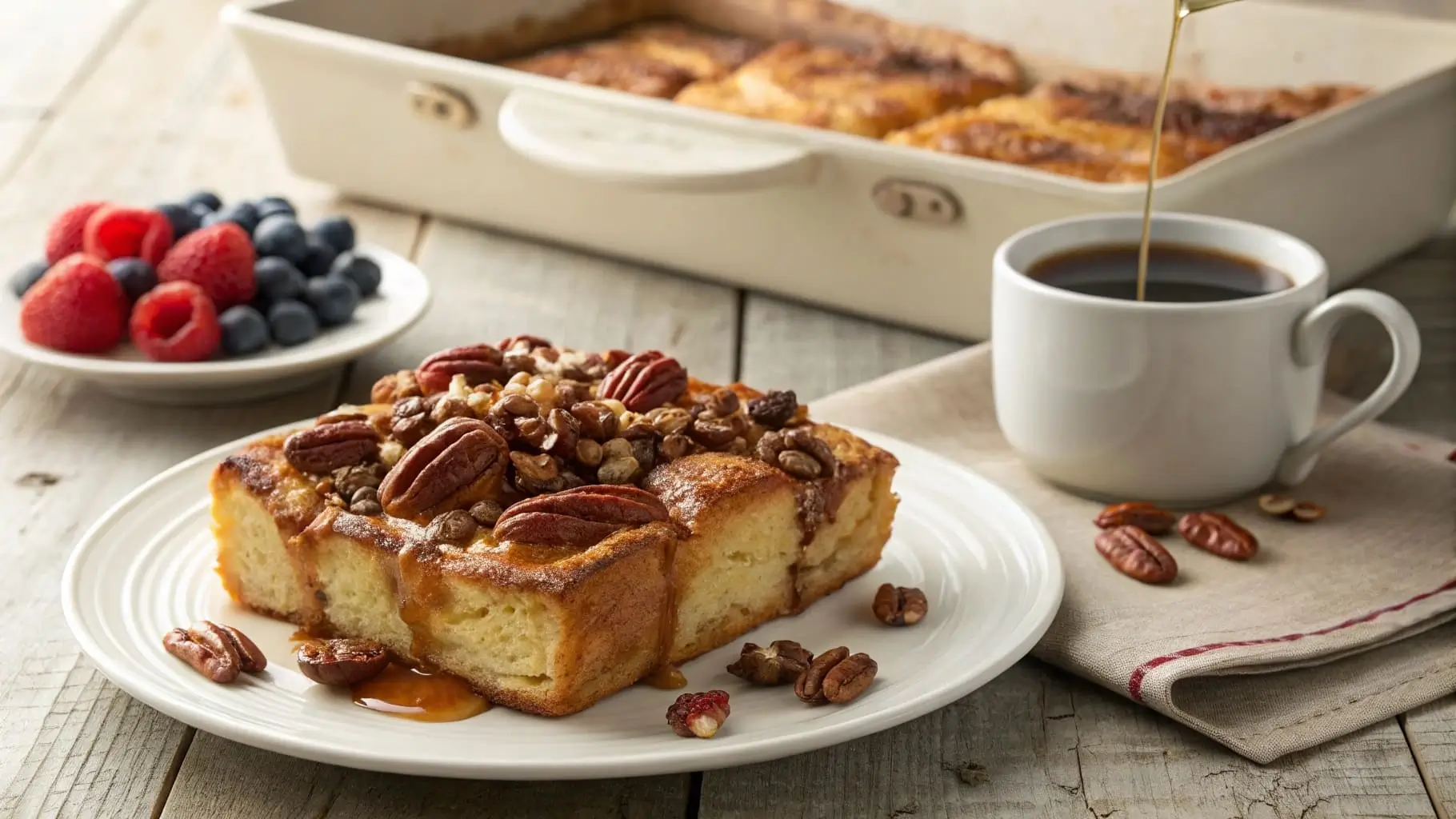 A golden-brown Maple Pecan French Toast Bake with caramelized pecans and maple syrup on a rustic breakfast table.