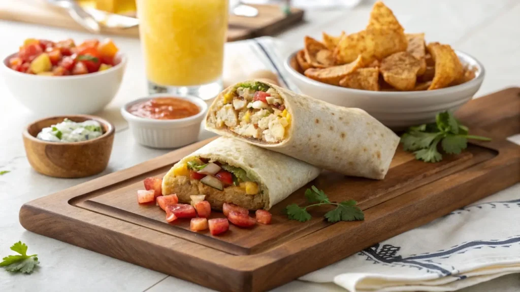 Southwest Breakfast Burrito Wrap with hash browns and fruit