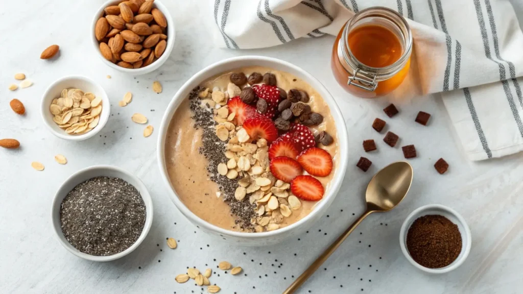 Toppings for a peanut butter smoothie bowl arranged on a table.