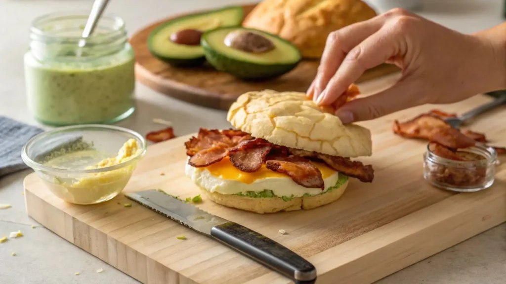 Hands assembling a Keto Bacon & Egg Cloud Bread Sandwich