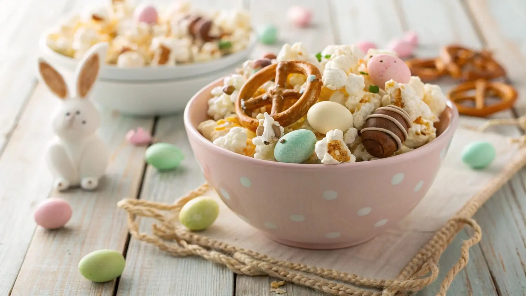 Festive Bunny Bait Easter snack mix in a pastel bowl with candy and pretzels