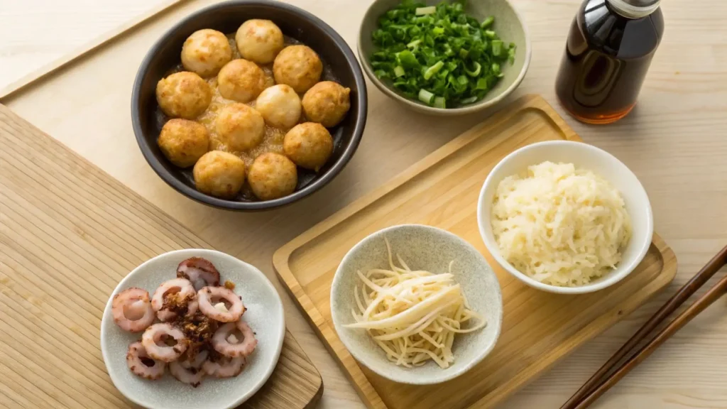 Ingredients for making cheesy takoyaki, including batter, octopus, cheese, and sauces.