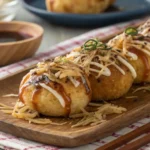 Close-up of cheesy takoyaki with drizzled sauce and gooey mozzarella filling.