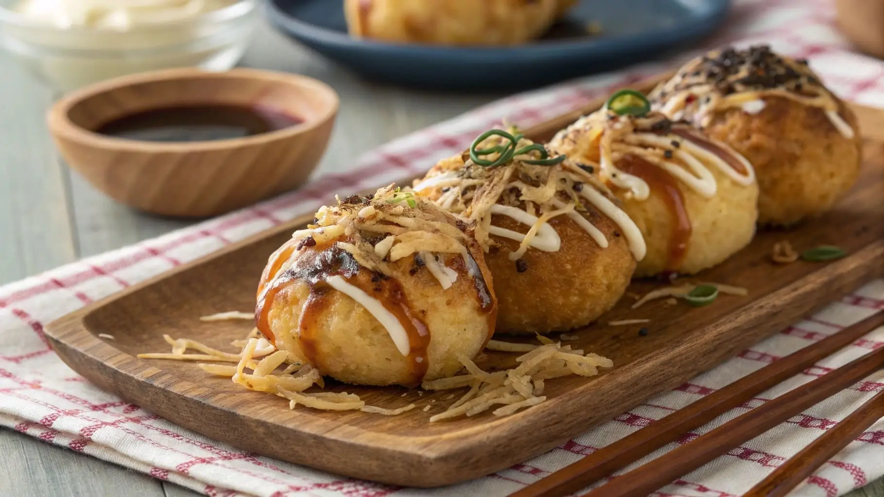 Close-up of cheesy takoyaki with drizzled sauce and gooey mozzarella filling.