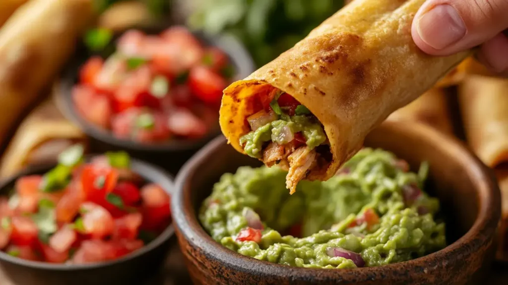 Chicken taquito being dipped in guacamole with salsa on the side