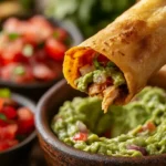 Chicken taquito being dipped in guacamole with salsa on the side