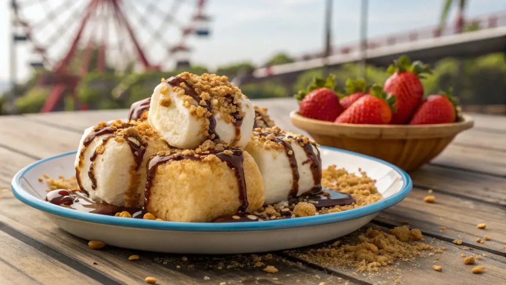 Deep fried marshmallows drizzled with chocolate and caramel.