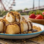 Deep fried marshmallows drizzled with chocolate and caramel.