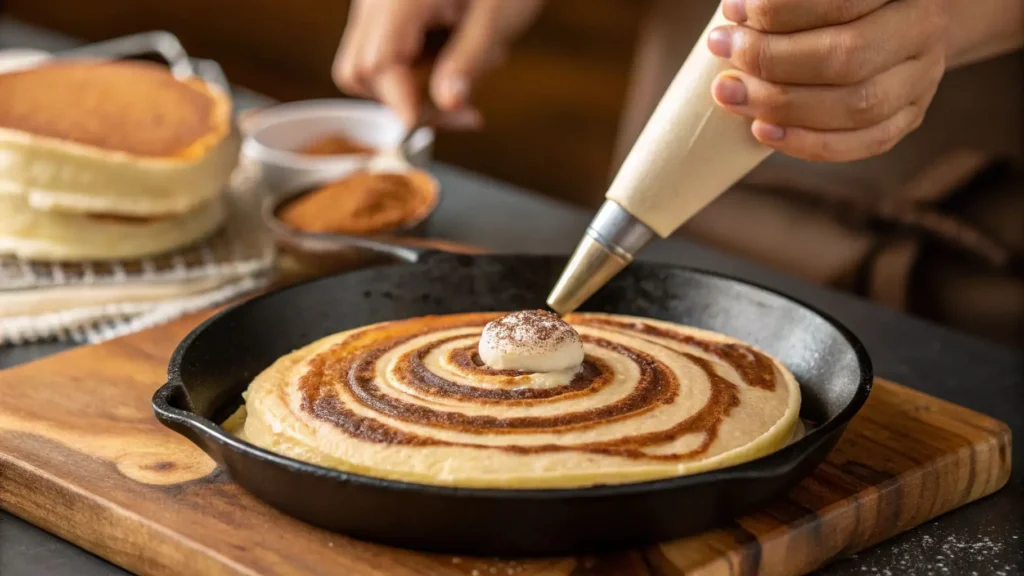 Cooking Cinnamon Roll Pancakes with Cinnamon Swirl