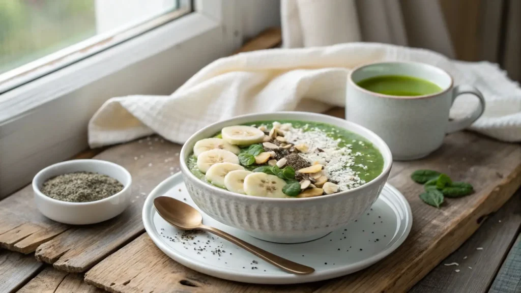 A bowl of matcha chia pudding with coconut milk, topped with banana slices and coconut flakes, served with a cup of tea.