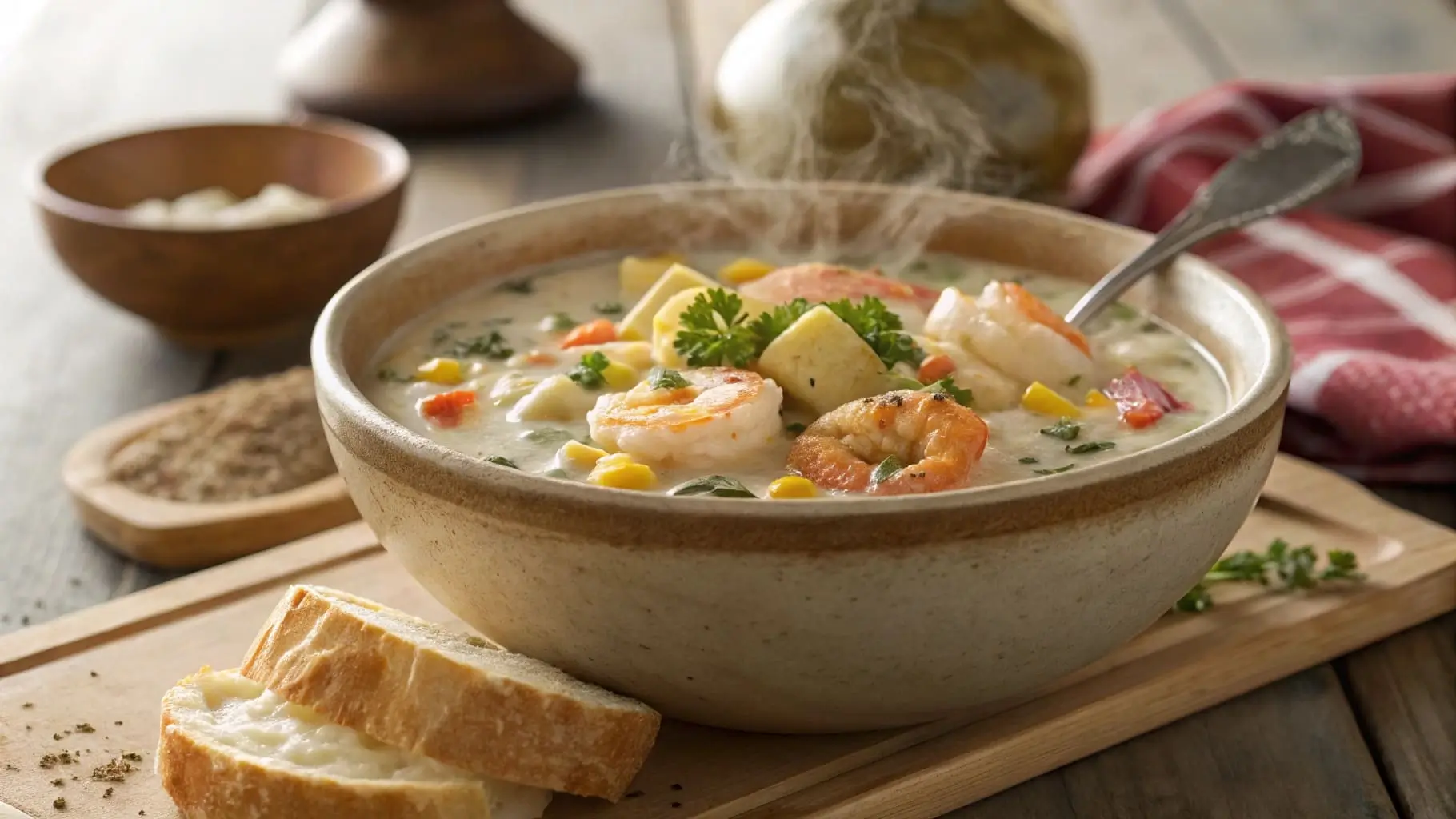 A steaming bowl of shrimp chowder with shrimp, potatoes, and corn.