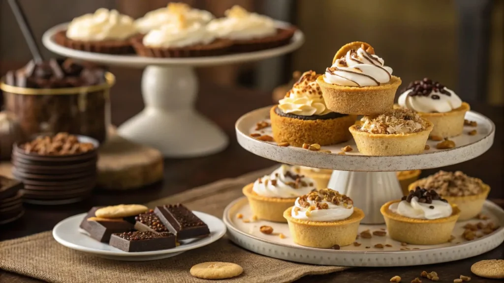 Mini banana cream pies displayed on a dessert table with various toppings.