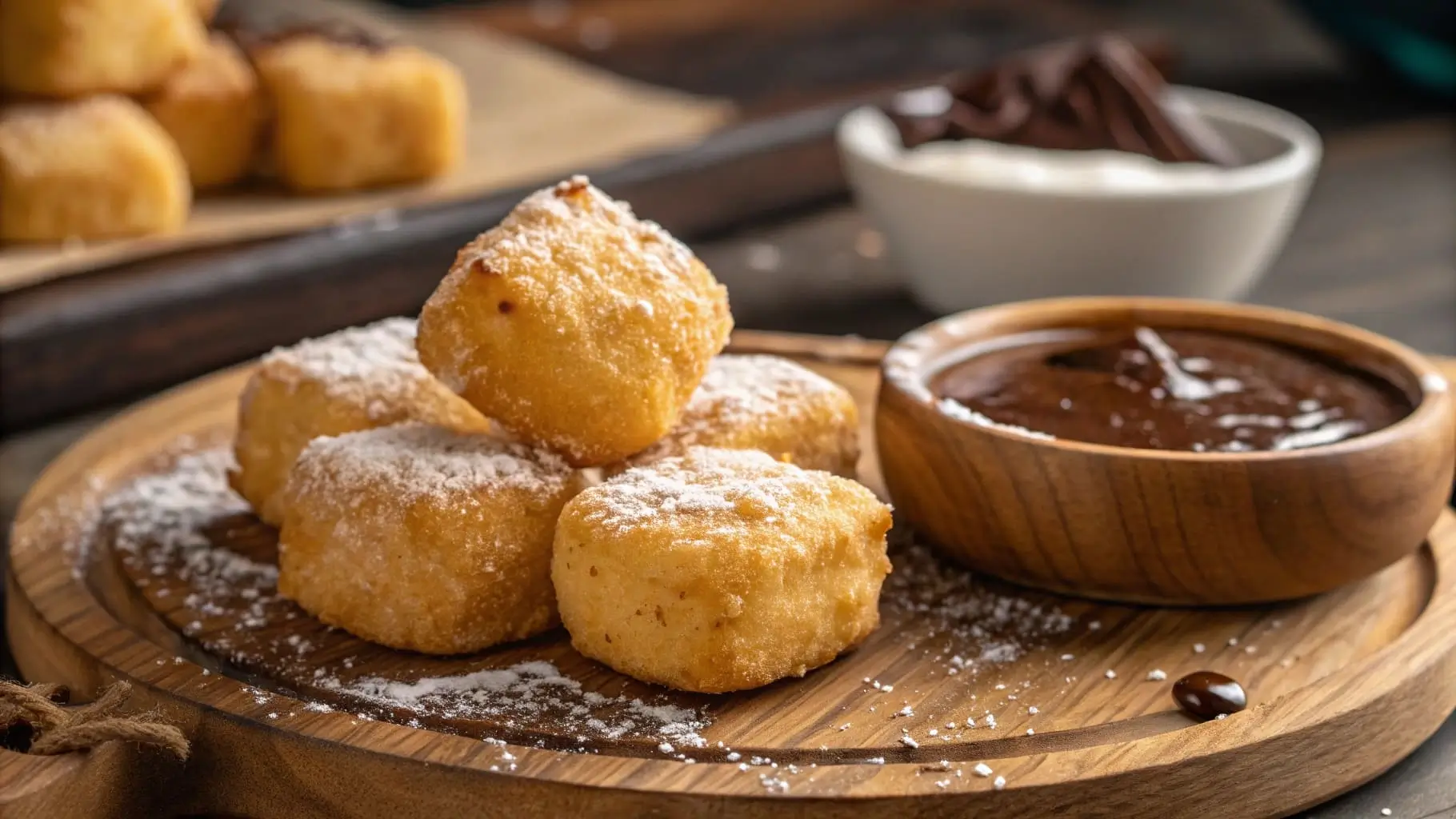 Golden deep fried marshmallows dusted with powdered sugar.