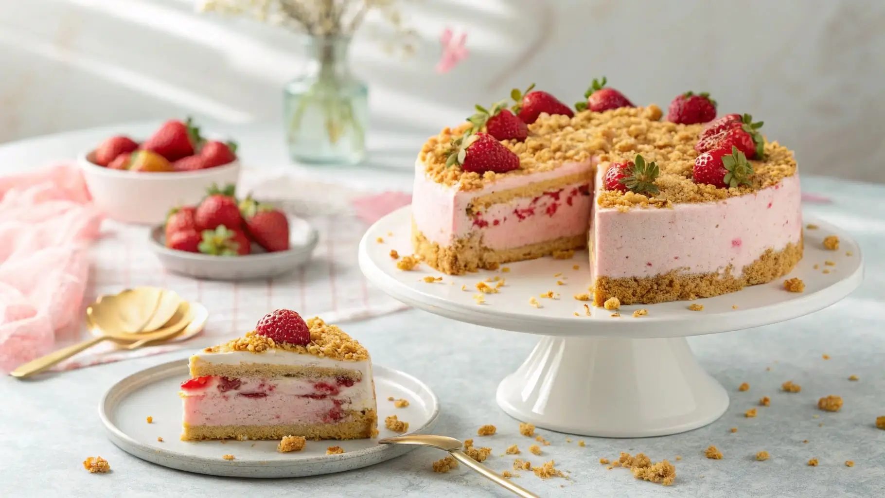 A sliced Strawberry Crunch Cheesecake Cake with crunchy topping and creamy cheesecake layers.