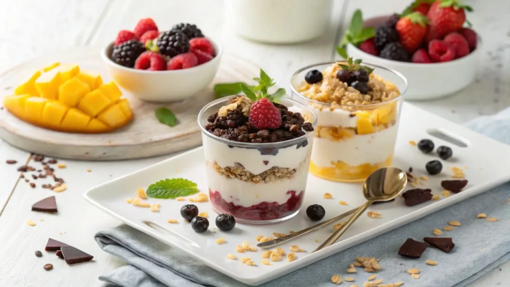 Three Greek Yogurt & Berry Parfait variations on a plate.