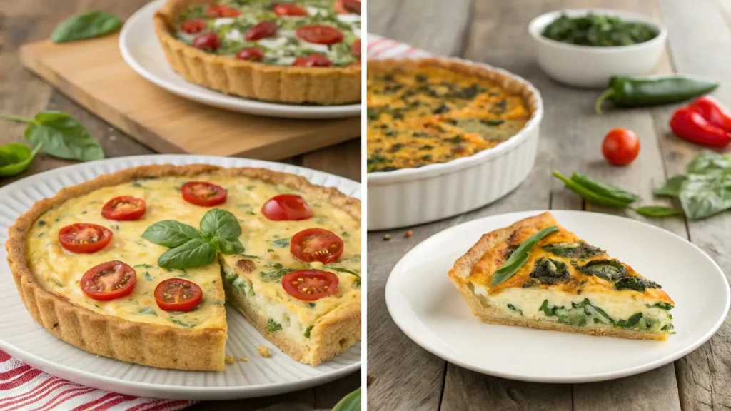 Three variations of tortilla quiche bake with different ingredients.