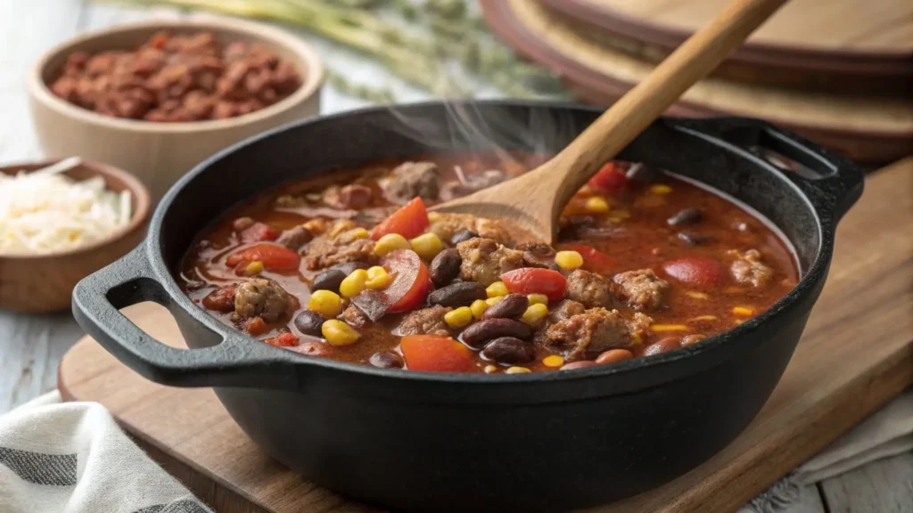 A pot of simmering Easy Taco Soup with beef, beans, and corn.