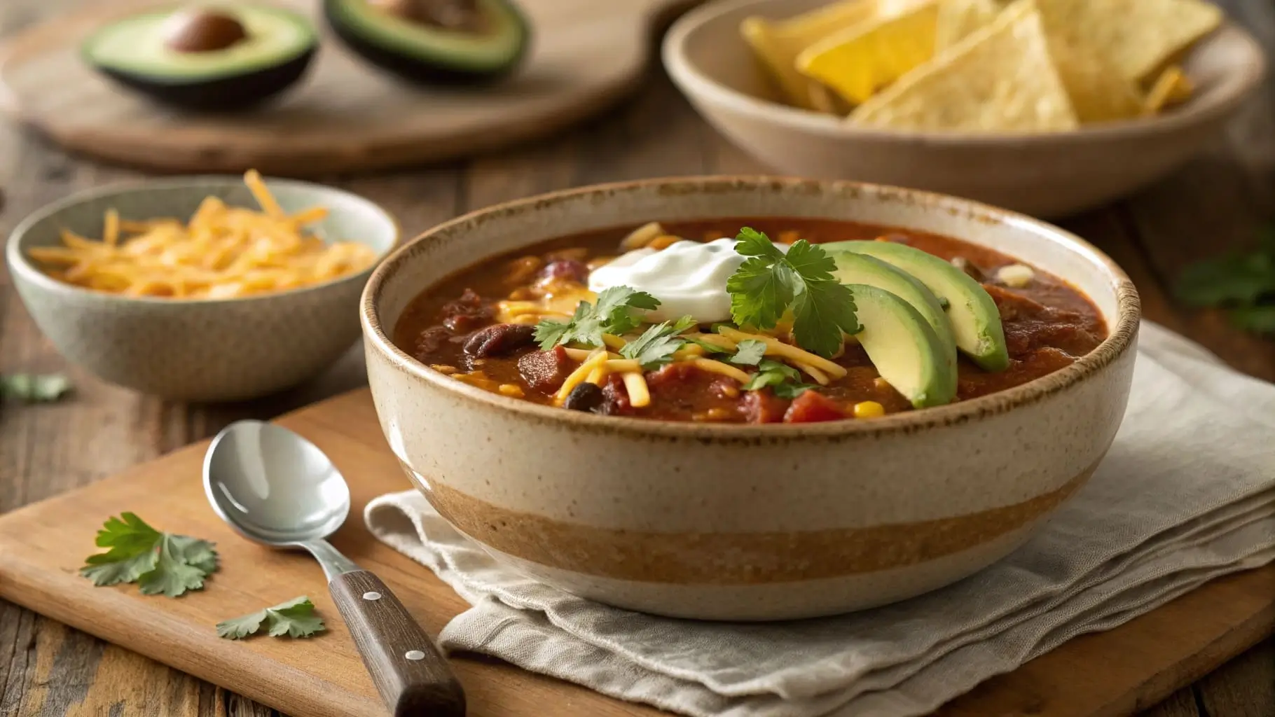 A steaming bowl of Easy Taco Soup garnished with cheese, avocado, and sour cream. Title: Easy Taco Soup – Hearty and Flavorful One-Pot Meal