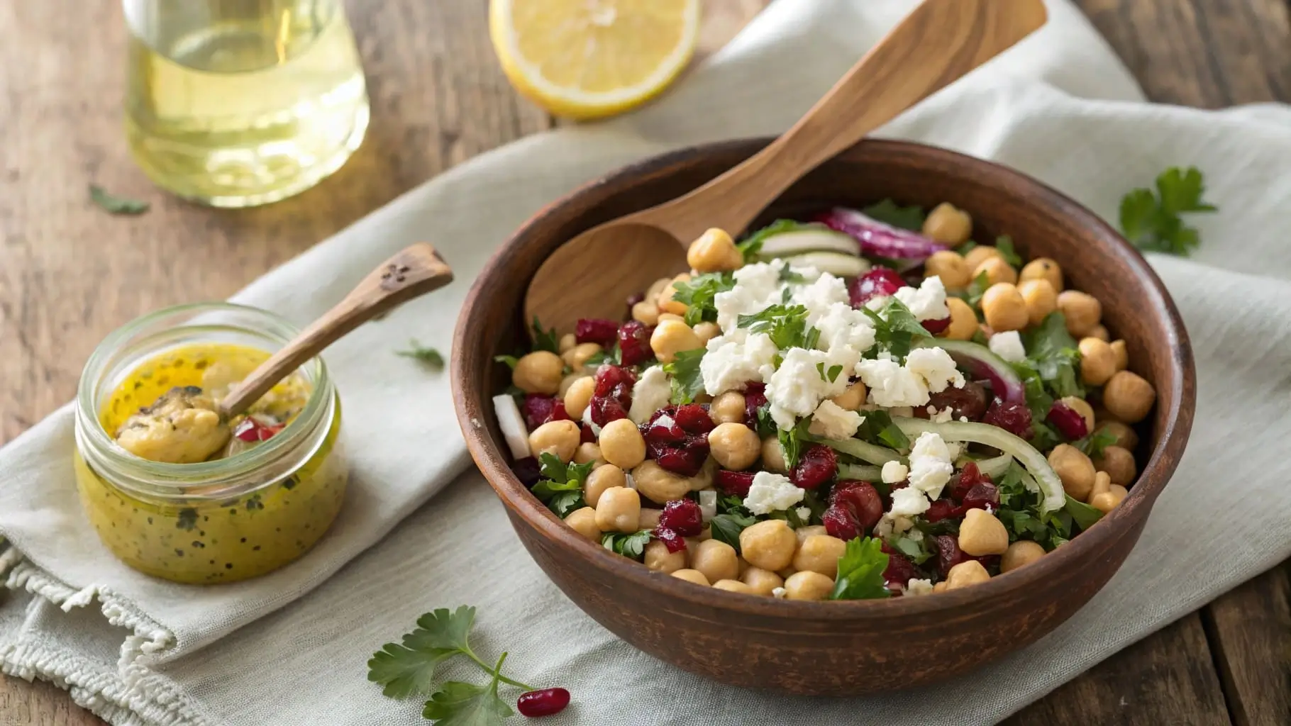 A bowl of feta and cranberry chickpea salad with lemon vinaigrette.