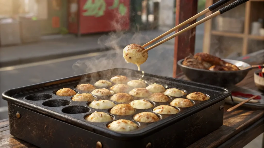 Takoyaki pan with half-cooked cheesy takoyaki being flipped with chopsticks.