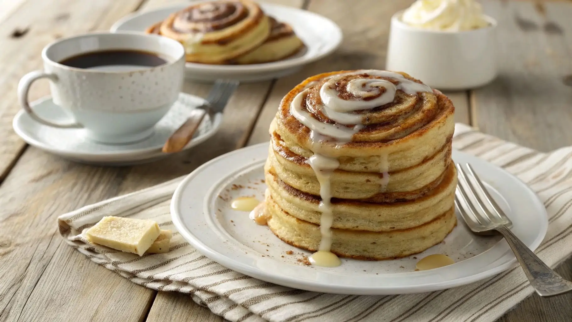 Stack of Cinnamon Roll Pancakes with Cream Cheese Glaze