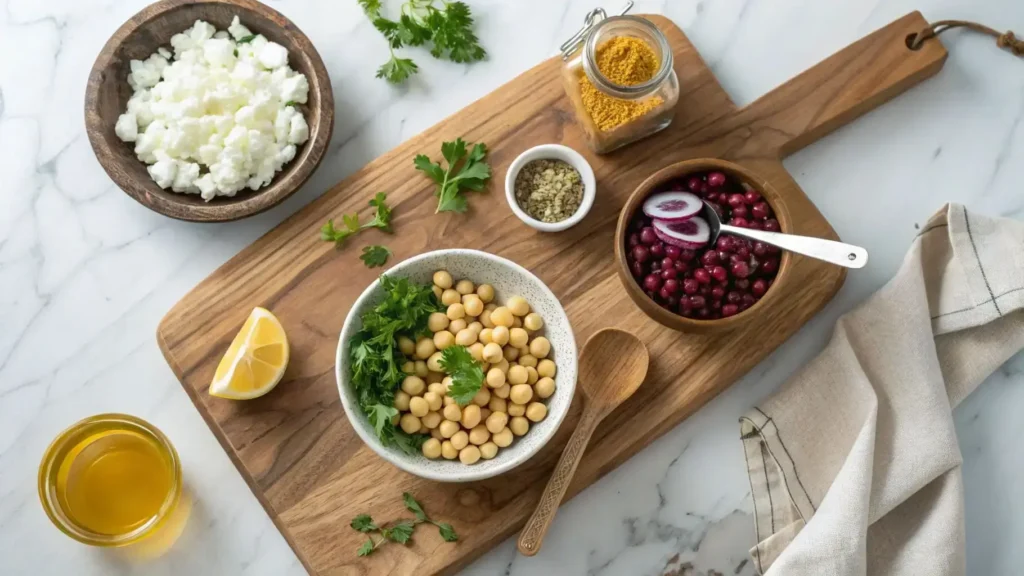 Prepped ingredients for Feta and Cranberry Chickpeas with Lemon Vinaigrette.