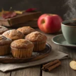 Apple cider donut muffins coated in cinnamon sugar on a wooden table.