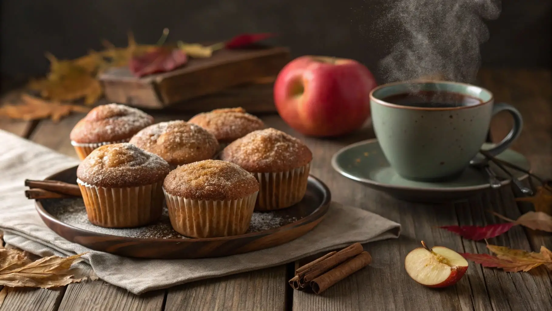 Apple cider donut muffins coated in cinnamon sugar on a wooden table.