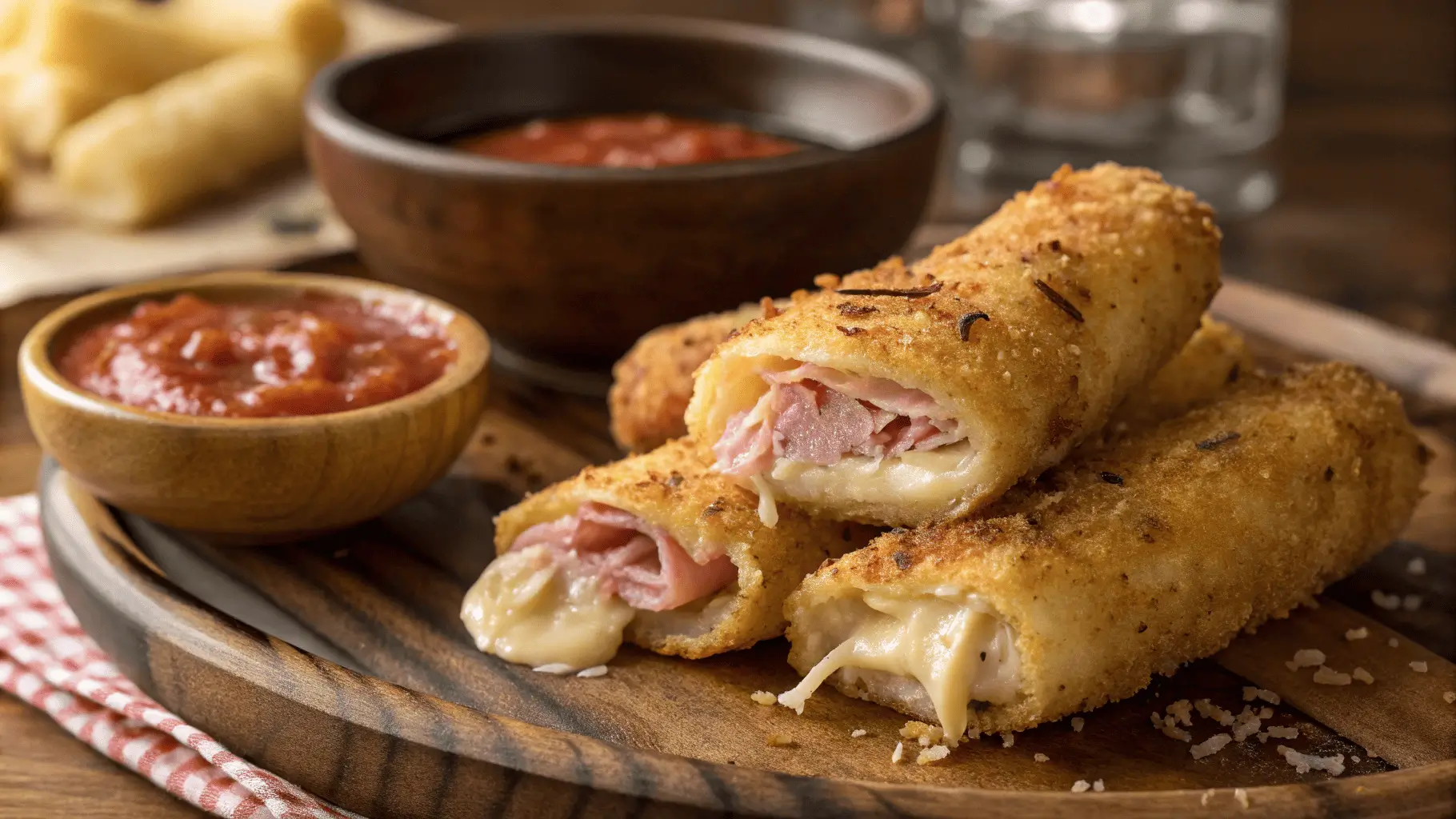 Crispy Ham and Cheese Sticks served with marinara sauce