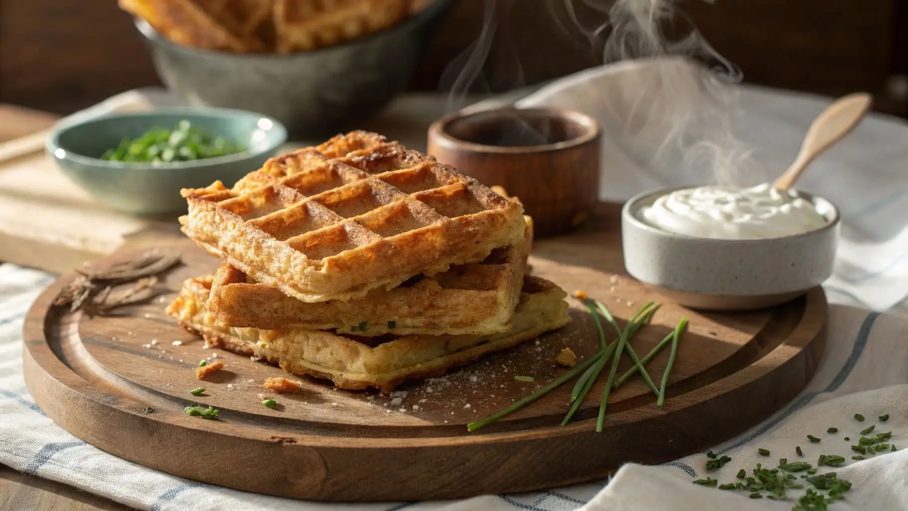 Crispy Hash Brown Waffles with Sour Cream and Chives