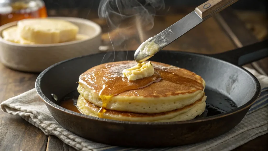 Freshly cooked pancake being spread with creamy honey butter.