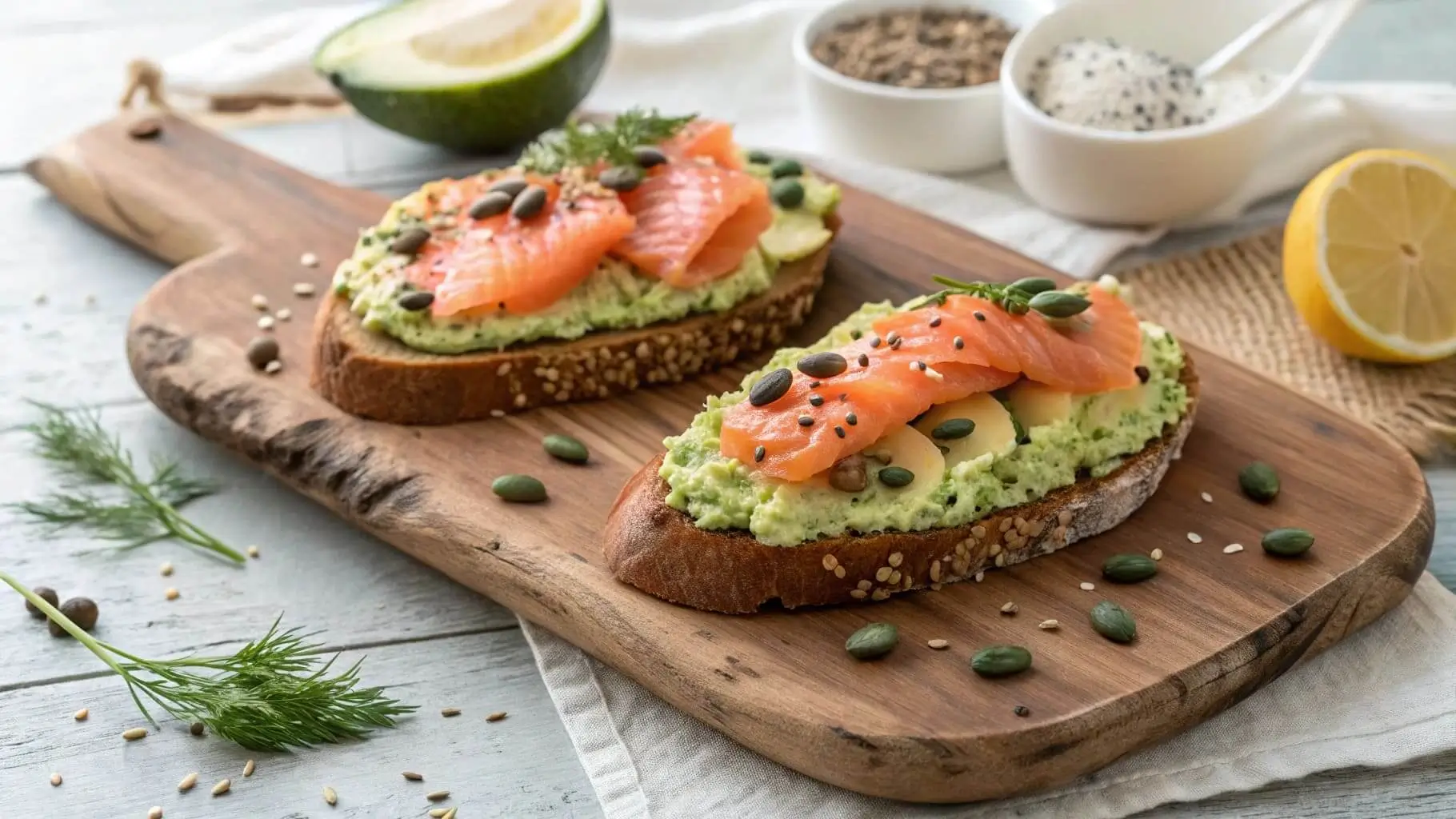 Avocado & smoked salmon toast with capers and lemon.