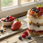 A glass jar filled with Greek yogurt, fresh berries, and granola.