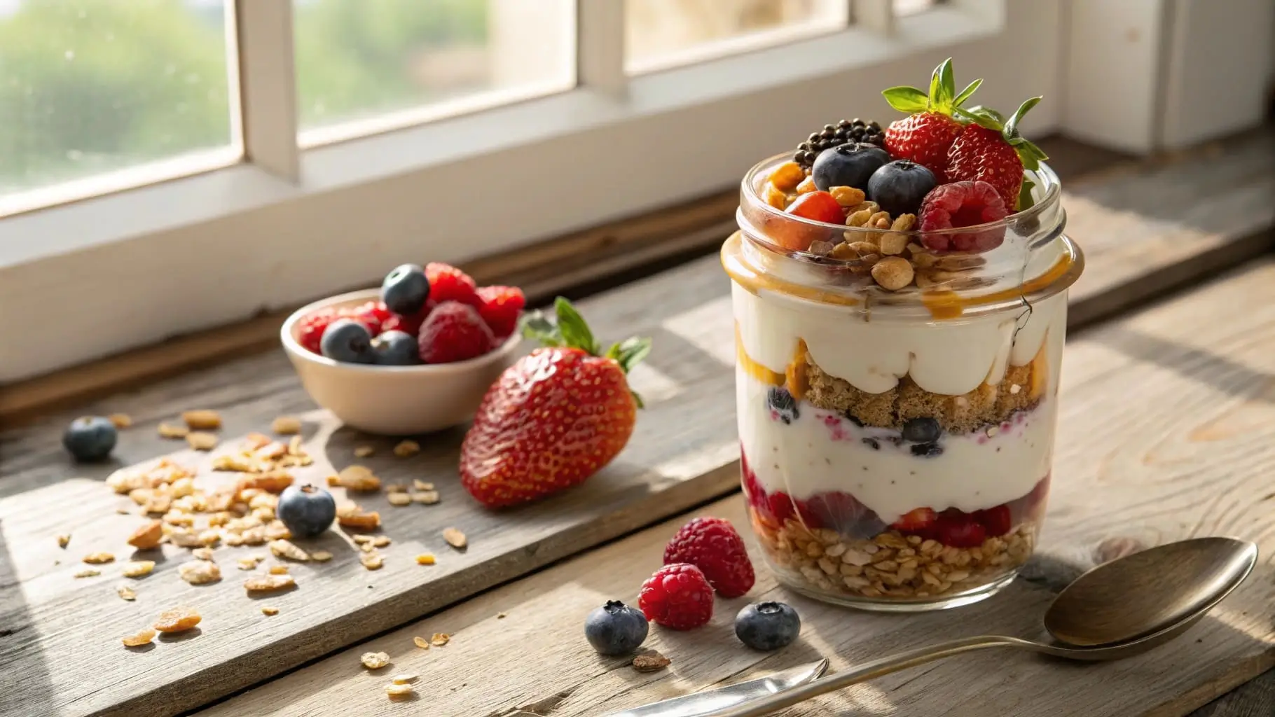 A glass jar filled with Greek yogurt, fresh berries, and granola.