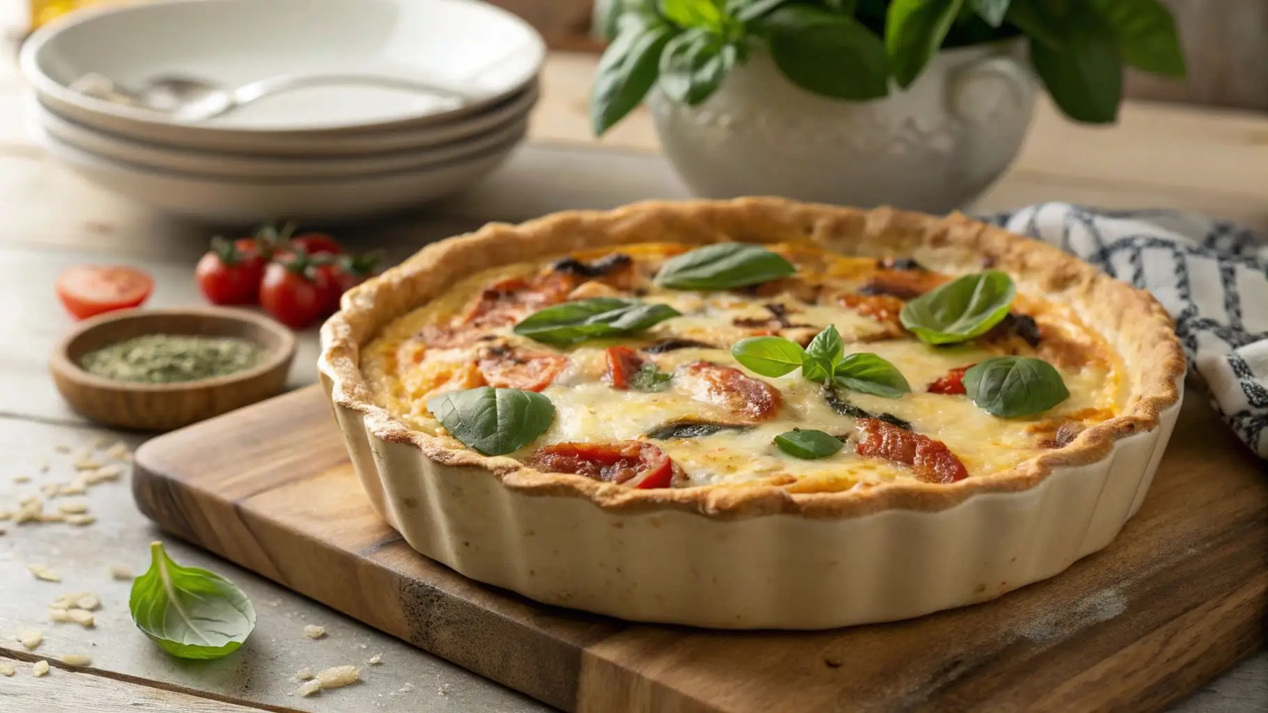 Crispy tortilla quiche bake with melted cheese and fresh basil.