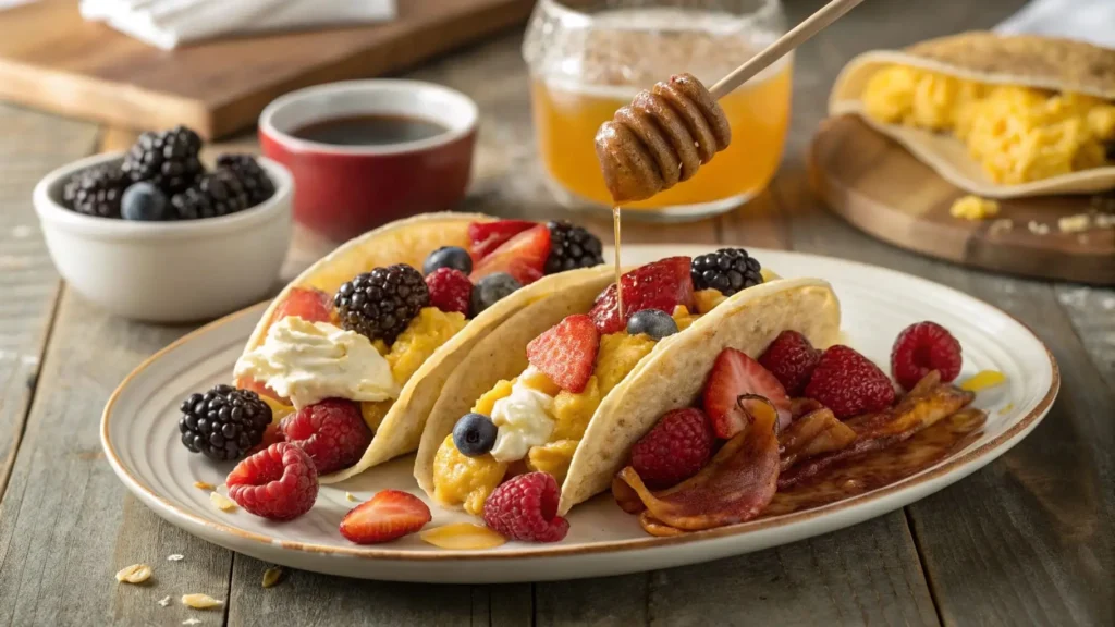 Honey Butter Pancake Tacos with fruit and eggs.