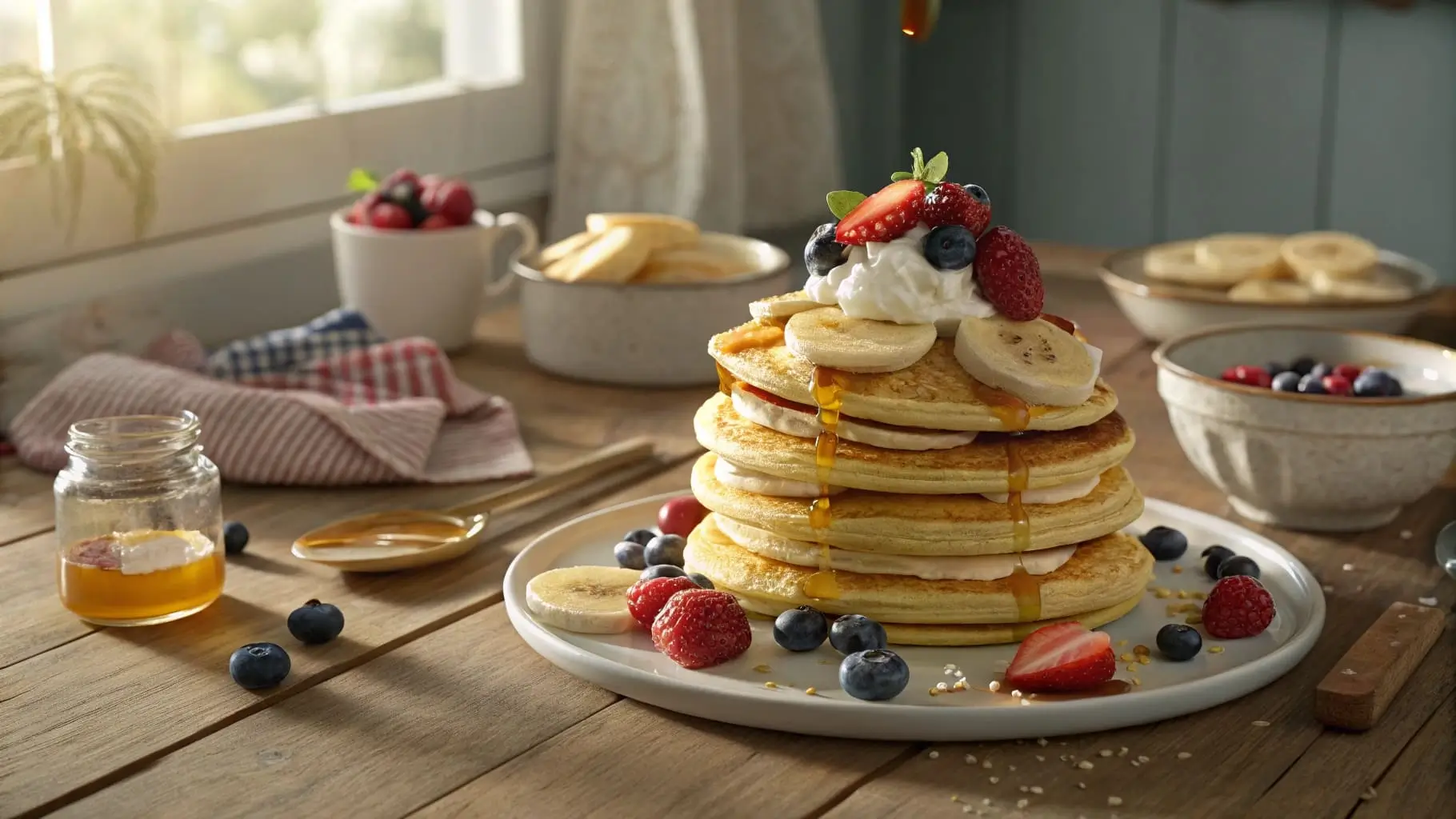 Honey Butter Pancake Tacos with fruit and syrup.