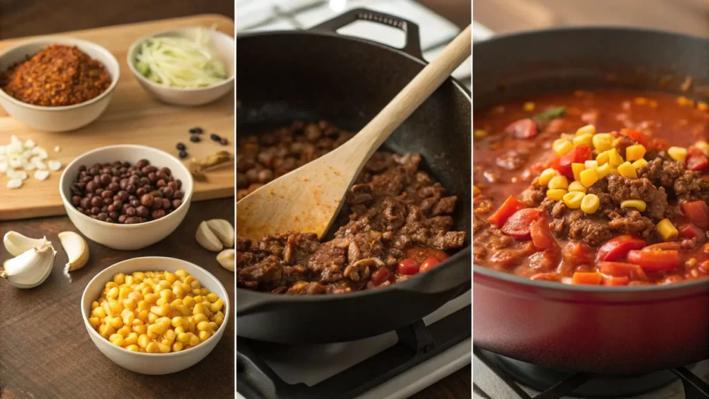 Step-by-step images of Easy Taco Soup being cooked in a cast-iron pot.