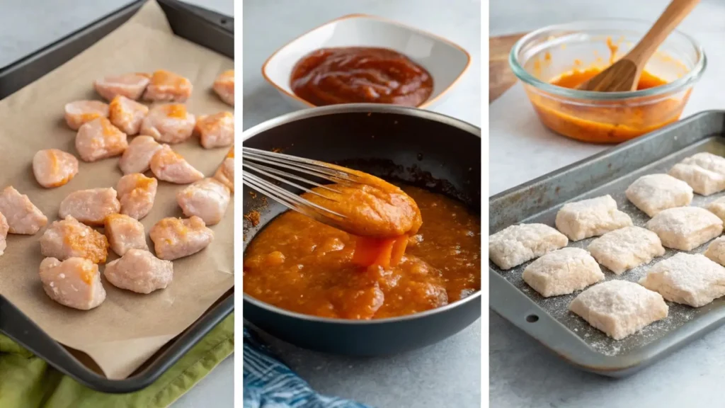 Step-by-step process of making 4-ingredient Orange Chicken, including baking, sauce preparation, and tossing the chicken in the glaze.