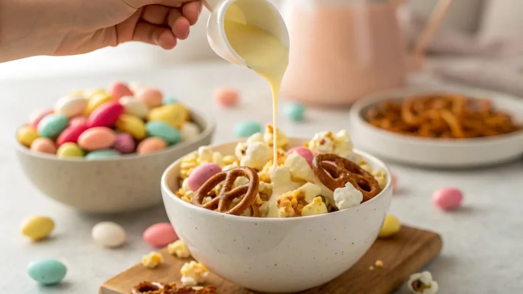 Drizzling white chocolate over Bunny Bait snack mix