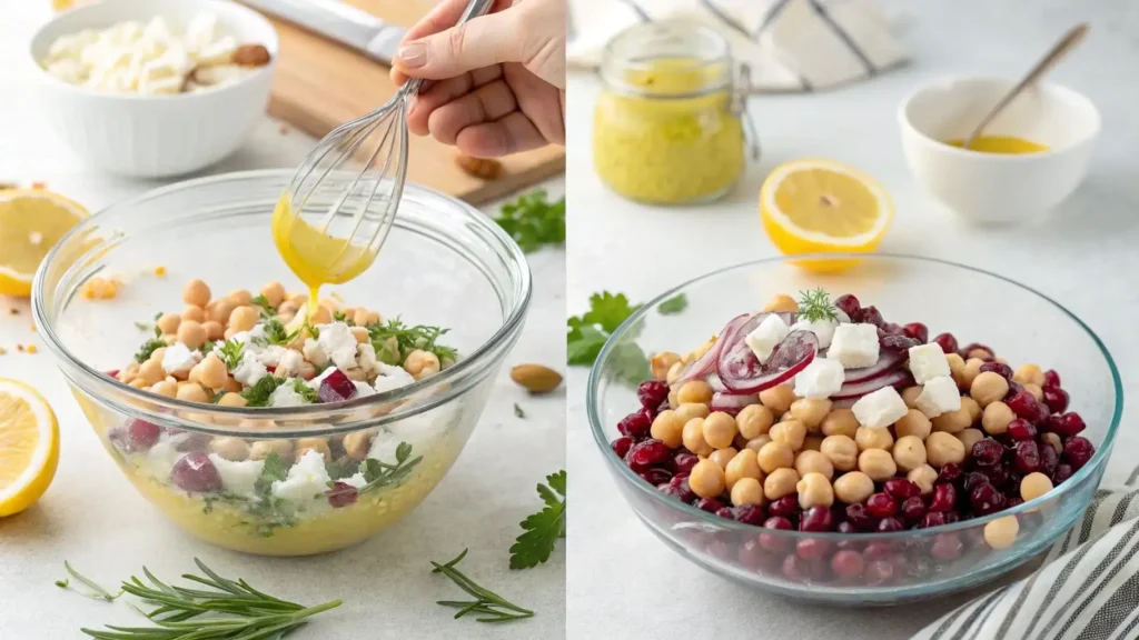 Step-by-step preparation of feta and cranberry chickpea salad.
