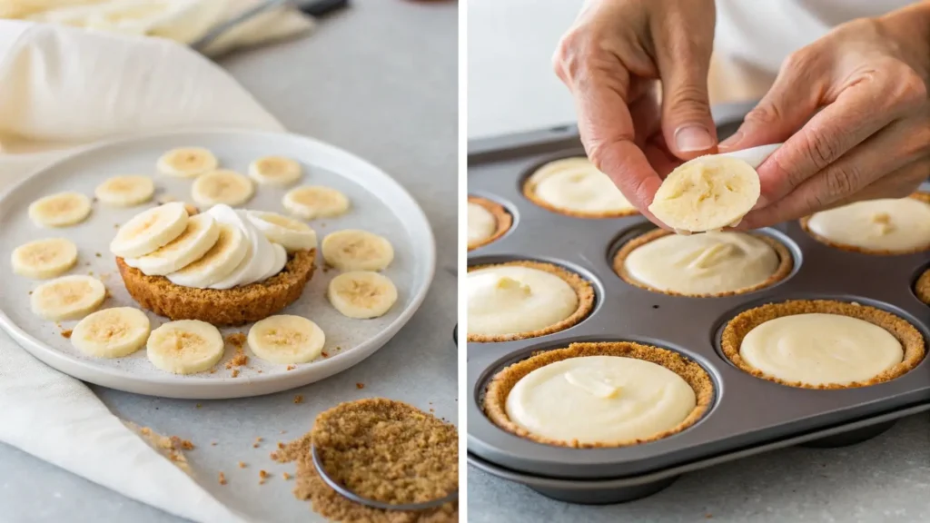 Step-by-step images of making no bake mini banana cream pies.
