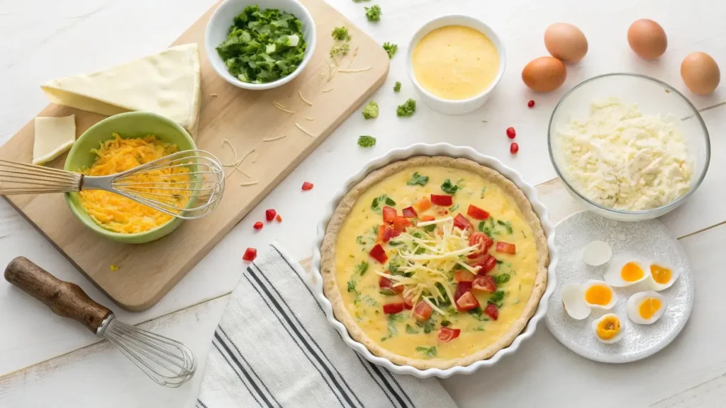 Step-by-step process of making a tortilla quiche bake.