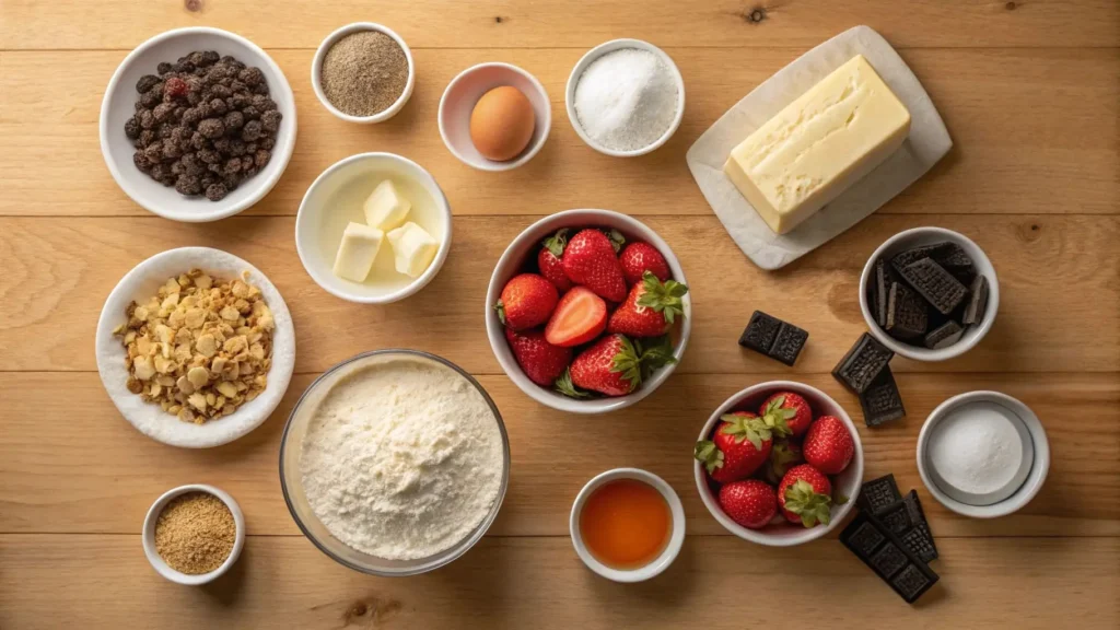 All ingredients for Strawberry Crunch Cheesecake Cake laid out on a kitchen counter.