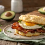 Keto Bacon & Egg Cloud Bread Sandwich on a rustic wooden plate