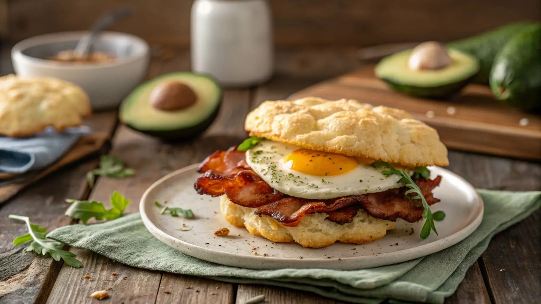 Keto Bacon & Egg Cloud Bread Sandwich on a rustic wooden plate