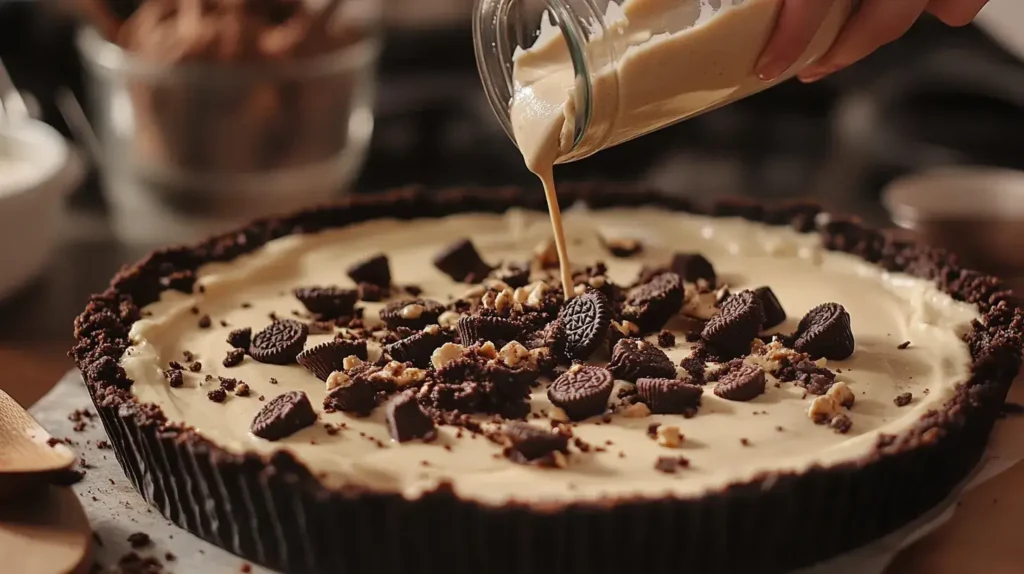 Pouring peanut butter cheesecake batter into an Oreo crust